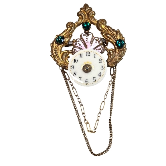 None Jewelry - Vintage Art Deco Steampunk Victorian Clock Watch Brooch Green Gold Crystals